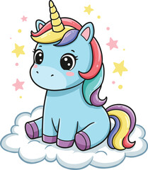 Cute blue unicorn sitting on cloud, rainbow mane, magical horn, cartoon fantasy character, dreamy stars, children&rsquo;s illustration, pastel theme