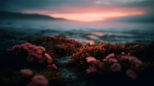 Marine life and misty coastal landscape at twilight showcasing vibrant pink anemones and dark seaweed against a soft colorful sky