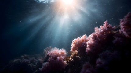 Obraz premium Sunlight streams illuminate vibrant pink coral growth in a deep blue ocean underwater