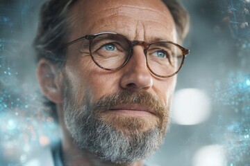 Genomic horizons: the fusion of science and technology in modern medicine. High resolution. Scientist immersed in a technological medscape: bioinformatics at its core. Clean layout.