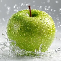 Green apple with water splash. Generative AI.
