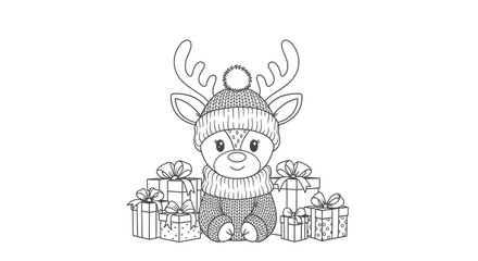 Fototapeta premium A cute cartoon reindeer wearing a hat and surrounded by wrapped gifts.