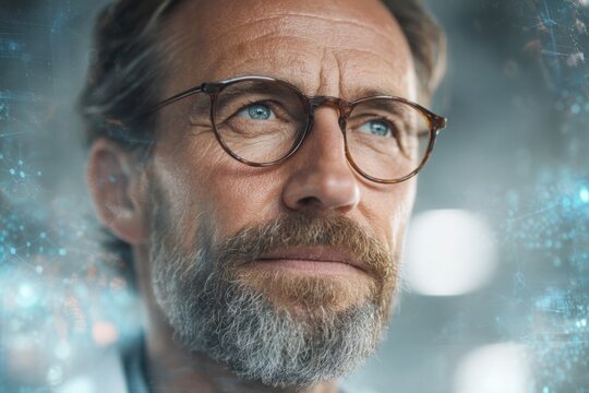 Genomic horizons: the fusion of science and technology in modern medicine. High resolution. Scientist immersed in a technological medscape: bioinformatics at its core. Clean layout.