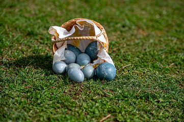 Colorful Easter eggs in a woven basket on green grass during a sunny day