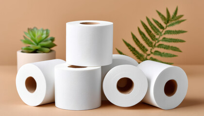 Recycling concept white toilet paper roll stack with green plant and fern for eco friendly bathroom decor and natural clean aesthetic