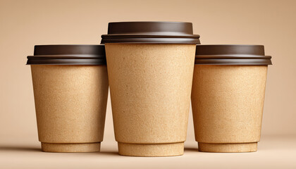 Recycling concept disposable coffee cup trio in neutral tones showing sustainable takeaway design and recyclable material appeal