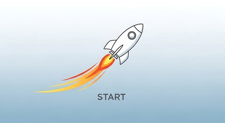 Cartoon rocket launching with START text, business concept