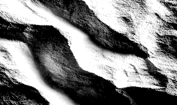 Black and white abstract illustration in pop art style with halftone dots, showcasing a crumpled paper texture and angular shapes. The graphic pattern creates a distressed and vintage visual effect.