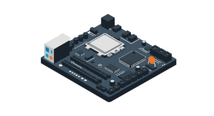 Isometric computer motherboard circuit design with integrated components