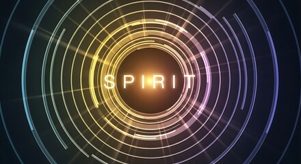 Glowing 'SPIRIT' text surrounded by vibrant abstract digital rings