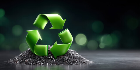 Recycling concept green recycle symbol placed on shredded metal pile representing sustainable waste management and environmental responsibility