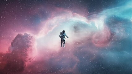 Astronaut man floating alone in colorful nebula galaxy. Space exploration and cosmic frontier for science discovery concept. - Powered by Adobe
