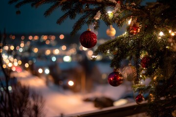 Christmas Ornaments Close Up with Blurred Village Lights Background at Night Holiday Festive Scene Concept for Cozy Winter Greeting Card