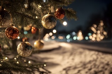 Christmas Ornaments Hanging on Tree Close Up with Warm Bokeh Lights Road Scene at Night Holiday Festive Background Concept for Greeting