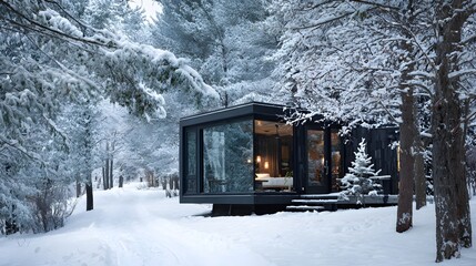 modern cabin exterior snow covered minimalist design