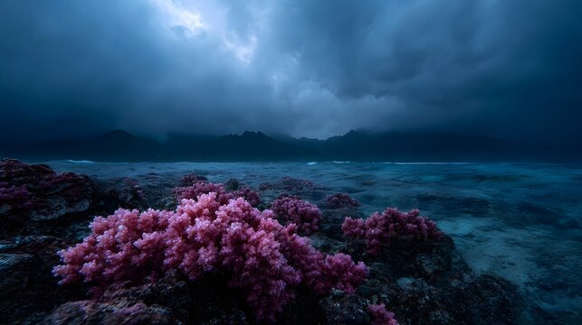 Vibrant pink coral formations on a rocky seabed with turbulent ocean waves distant mountains and dark stormy clouds at dusk