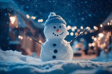 Smiling Snowman Wearing Hat in Foreground with Warm Bokeh Lights at Night Christmas Winter Scene Concept for Greeting Card and Festive Background