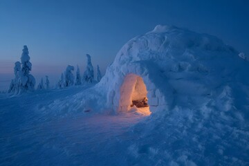 Cozy Igloo Illuminated in Arctic Twilight Snowy Landscape Winter Night Scene Concept for Travel Adventure and Unique Accommodation Backdrop
