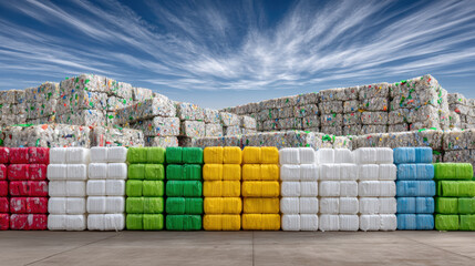 Recycling concept compressed plastic bale stack in colorful rows under dramatic sky evokes environmental awareness and industrial reuse