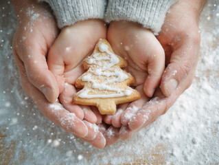 Close-up of  child`s hands and adult`s hands holding Christmas tree shaped cookie sprinkled with sugar. Winter holiday baking mood