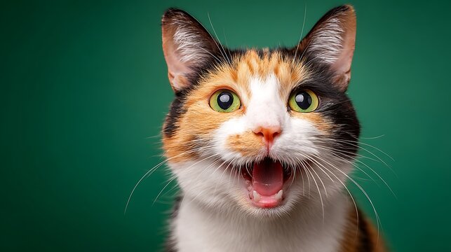 Close up of a calico cat with green eyes and an open mouth against a green background looking surprised