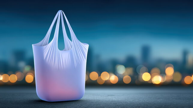 Reusable bag recycling concept evening city scene with soft bokeh lights and eco friendly lifestyle message