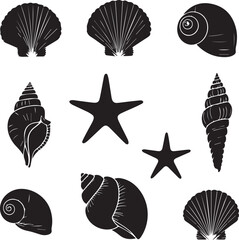Assorted Black Silhouettes of Seashells and Starfish Keywords: seashell, shells, sea, ocean