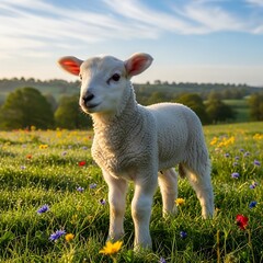 Fototapeta premium Adorable Lamb in a Spring Meadow.