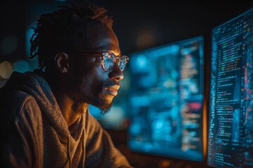 In the silence of night: peering into blockchain code on screens. Professional photo. Engulfed in blue hues: a coder's late night blockchain review. Bright colors. Print ready.