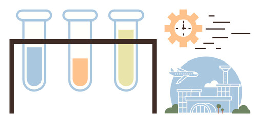 Three test tubes in a rack, gear with a clock, and an airport scene with a flying plane. Ideal for science, research, innovation, global travel, technology logistics and time management themes. A