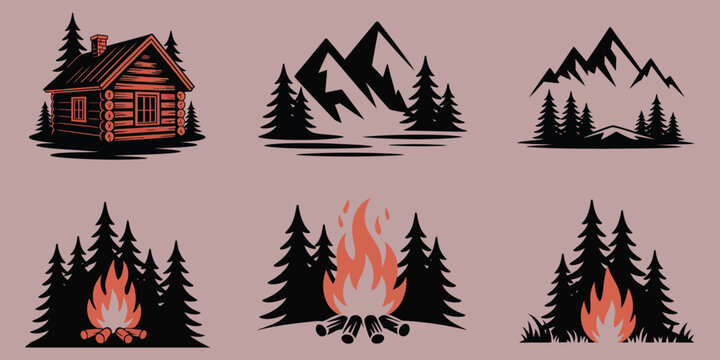 Forest cabin vector with glowing campfire mountains and night sky perfect for camping travel and nature design