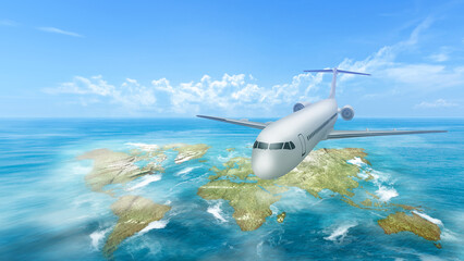 Fototapeta premium Airplane flying in the sky above the ocean with cloudscapes background. Travel by airplane concept