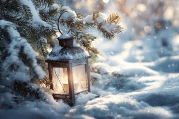 Enchanted winter landscape with lantern in snow. Clear focus. Gentle holiday lantern resting on snowy ground with fir. Minimal design. Print ready.