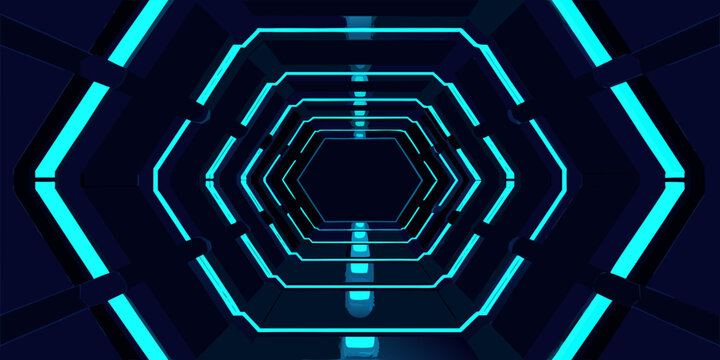 Futuristic hexagonal tunnel with cyan neon lights and dark background
