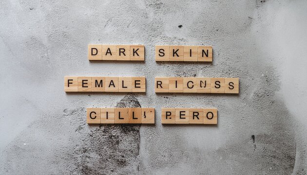Close-up of wooden Scrabble tiles arranged to spell 'DARK SKIN FEMALE RIGHS GILLI PERO' on a gray concrete background with a shallow depth of field.