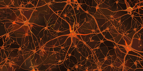 Abstract illustration of interconnected neurons firing with glowing orange energy on a dark background