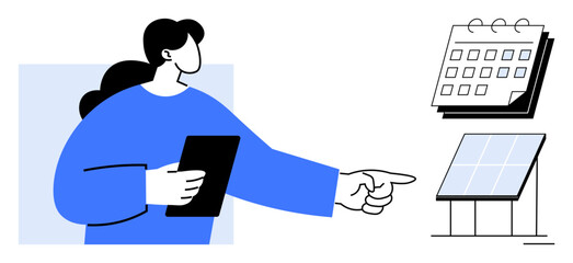 Woman holds a tablet, pointing at solar panels next to a calendar. Ideal for sustainability, renewable energy, scheduling, eco-friendly planning, environmental awareness, clean technology, simple