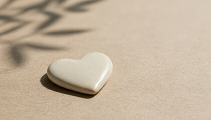 Heart-shaped stone on beige surface casting a shadow 