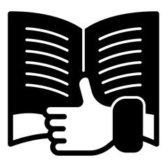 Book with thumb up finger hand solid icon, book festival concept. Vector graphics. Textbook and positive review, reading sign on white background, style icon mobile or web design.