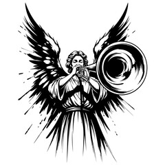 Obraz premium Expressive black and white angel with ink splatter wings playing a powerful trumpet