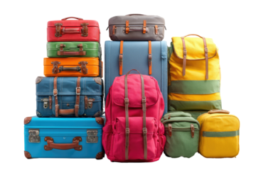 Colorful travel luggage stacked in various sizes and styles