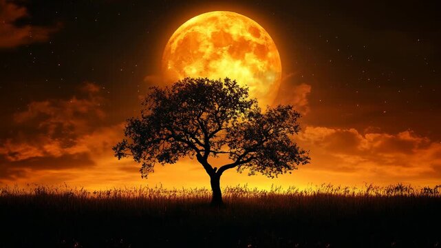 Silhouette of lone tree in field under glowing full moon against orange night sky filled with stars