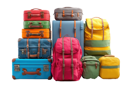 Colorful travel luggage stacked in various sizes and styles