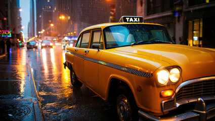 Classic yellow taxi cab on rainy city street at night  