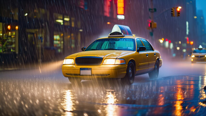 Yellow taxi cab driving through rain-soaked streets at night