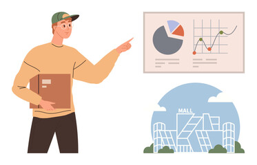 Man in casual outfit pointing at growth charts beside a mall blueprint. Ideal for business, education, real estate, data analysis, presentations, teamwork, and urban planning themes. Simple flat