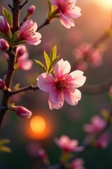 Obraz premium Delicate pink peach blossoms bloom in warm golden hour sunlight