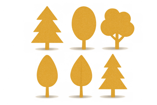 Collection of yellow paper cut out trees in various shapes, autumn illustration set with transparent background - Powered by Adobe