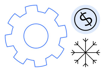 Gear symbol for industry, dollar sign for finance, and snowflake for creativity and uniqueness. Ideal for mechanics, innovation, economic growth, winter themes, manufacturing, strategy