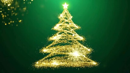 4K animation of a Christmas tree forming from gold glitter particles, with a bright star topper on a green background. - Powered by Adobe